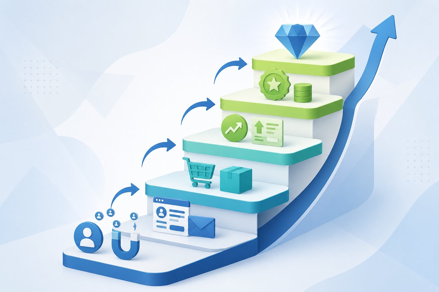 An ascending multi-step ladder illustrating stages of a marketing value ladder with icons representing different sales and marketing steps.