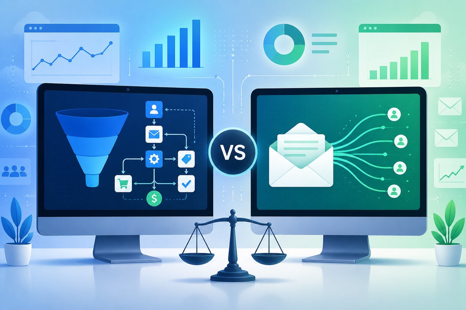 Two computer screens side by side showing icons and graphics representing email marketing and automation platforms being compared.