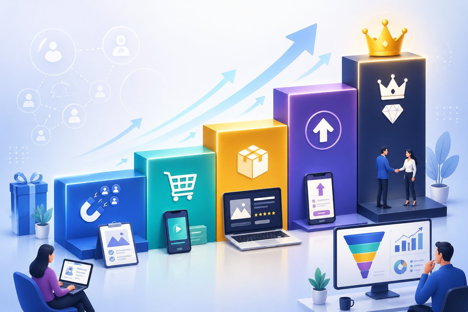 An illustration of a multi-step ladder representing different levels of an online business value ladder with icons for digital marketing and customer engagement.