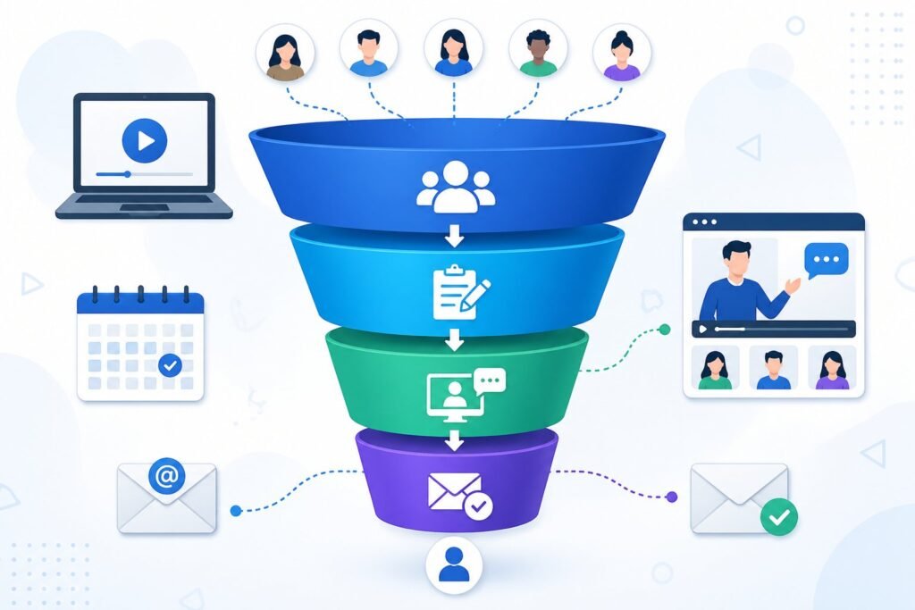 Illustration of a multi-stage digital marketing funnel showing stages of a webinar funnel with icons representing online interaction and user engagement.