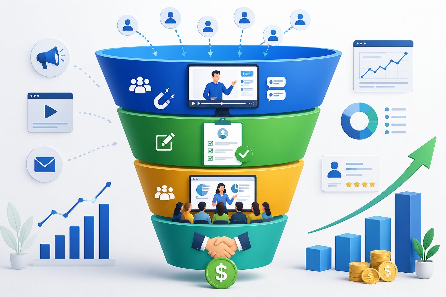 A detailed illustration of a webinar funnel showing stages from visitor attraction to lead conversion with related icons and digital marketing elements.