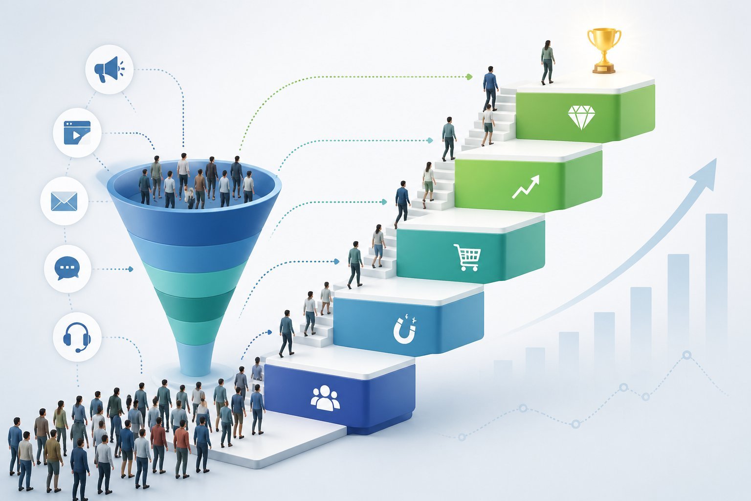 Illustration of a multi-step ladder representing the customer journey through a sales funnel, showing customers progressing from initial contact at the bottom to high-value offers at the top.