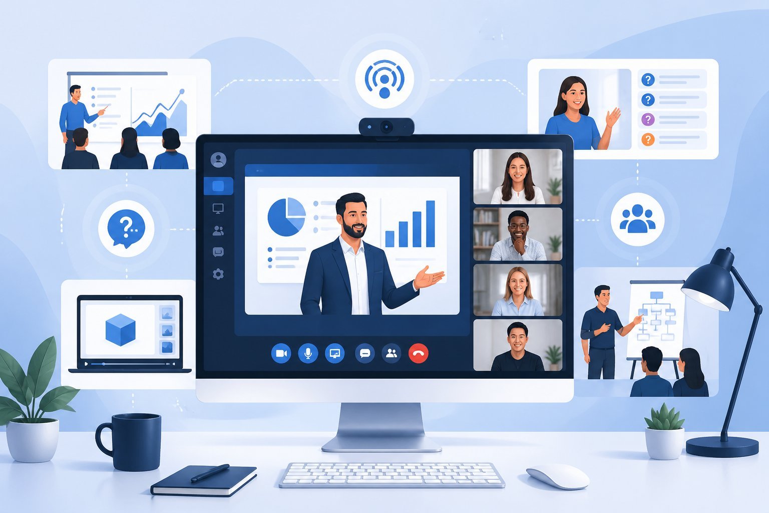 A workspace with a computer screen showing a webinar interface and icons representing different types of webinars.