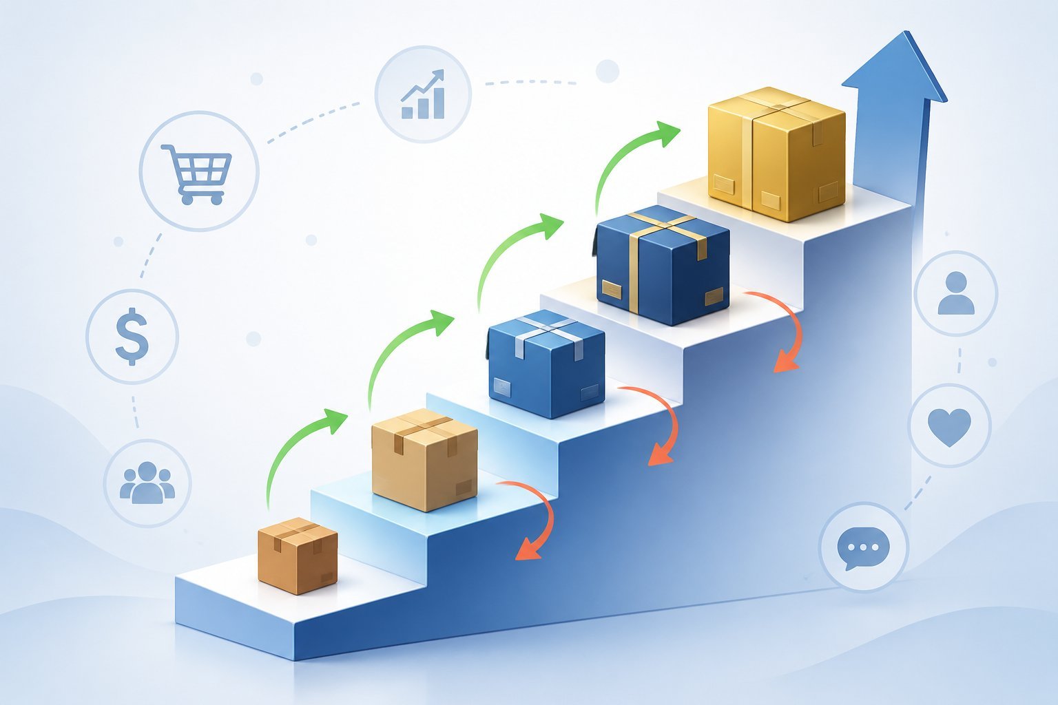 A multi-step ladder representing different sales offer levels with arrows showing upsells and downsells between steps.