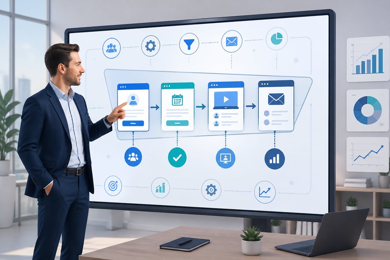 A business professional standing beside a large digital screen showing a multi-step webinar funnel diagram with marketing and automation icons in a modern office.