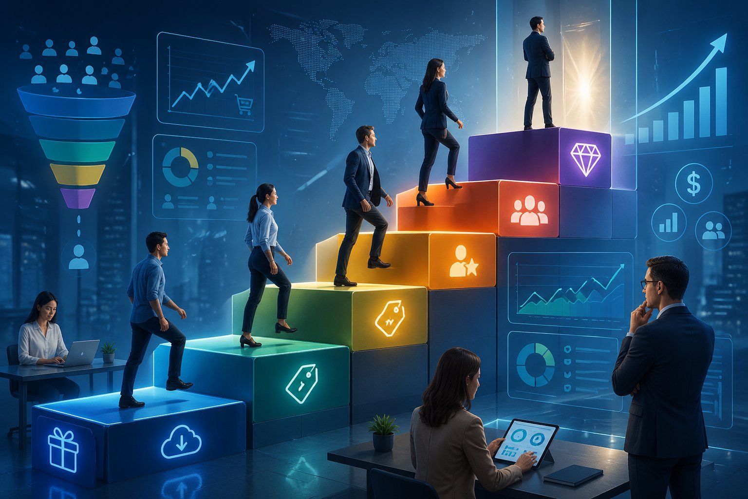 Illustration of a multi-level value ladder with business professionals interacting and analyzing marketing data around it.