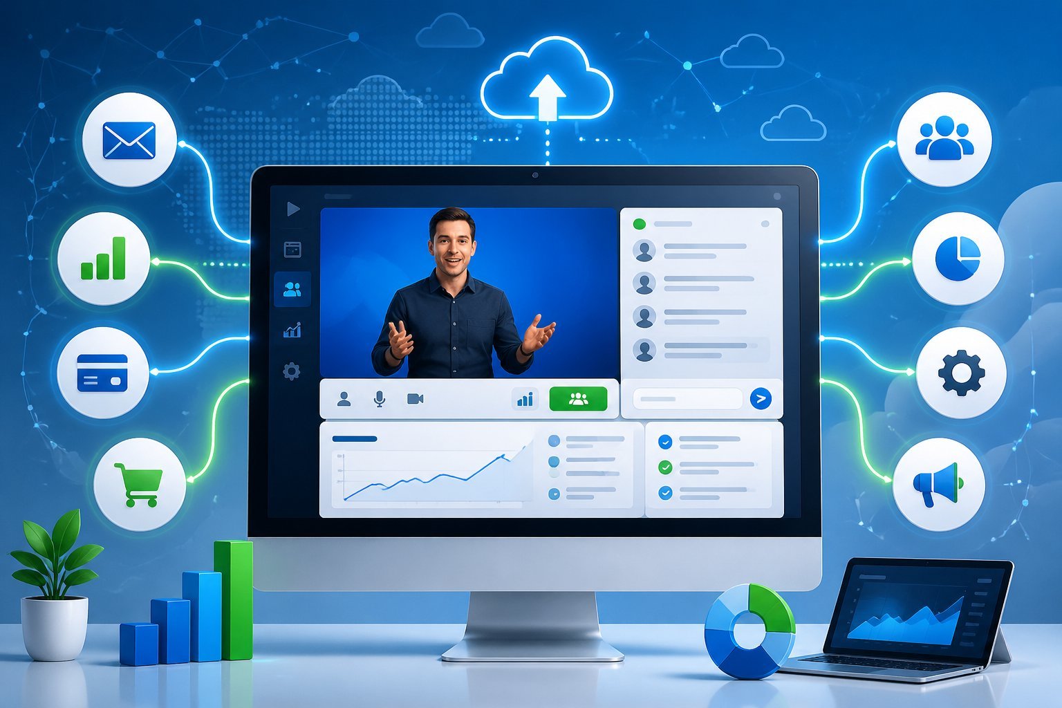 A computer screen showing a webinar interface connected to various digital marketing tools through flowing lines, symbolizing integration and connectivity.