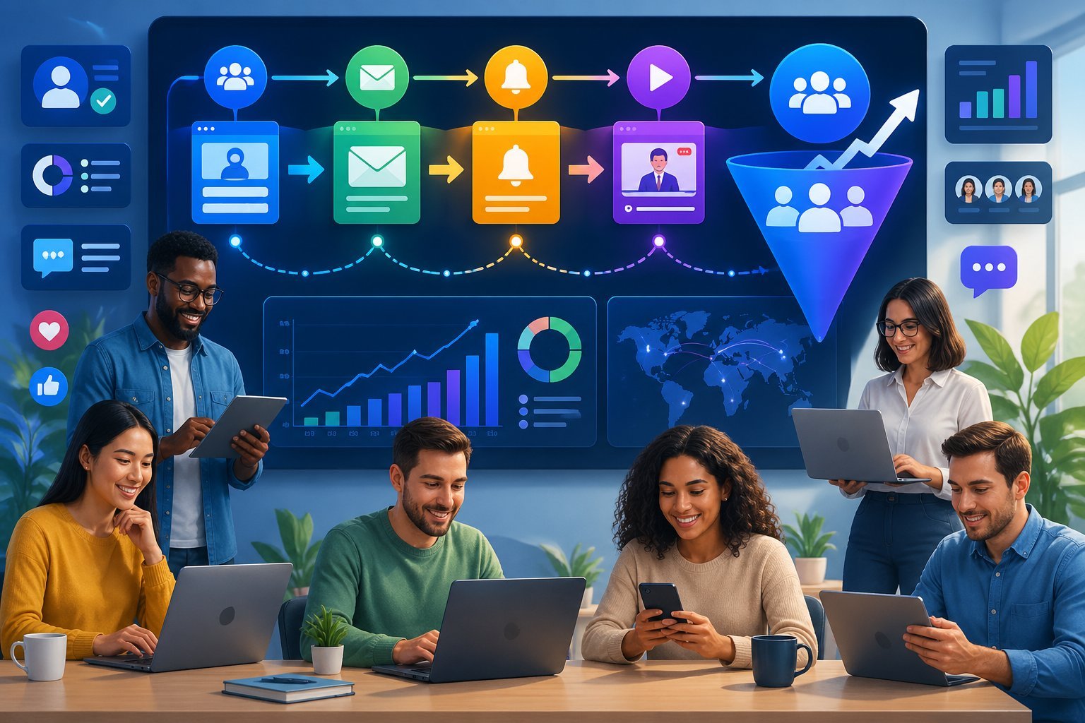 People using digital devices engaged in an online webinar funnel process with charts and flow diagrams showing stages from registration to attendance.
