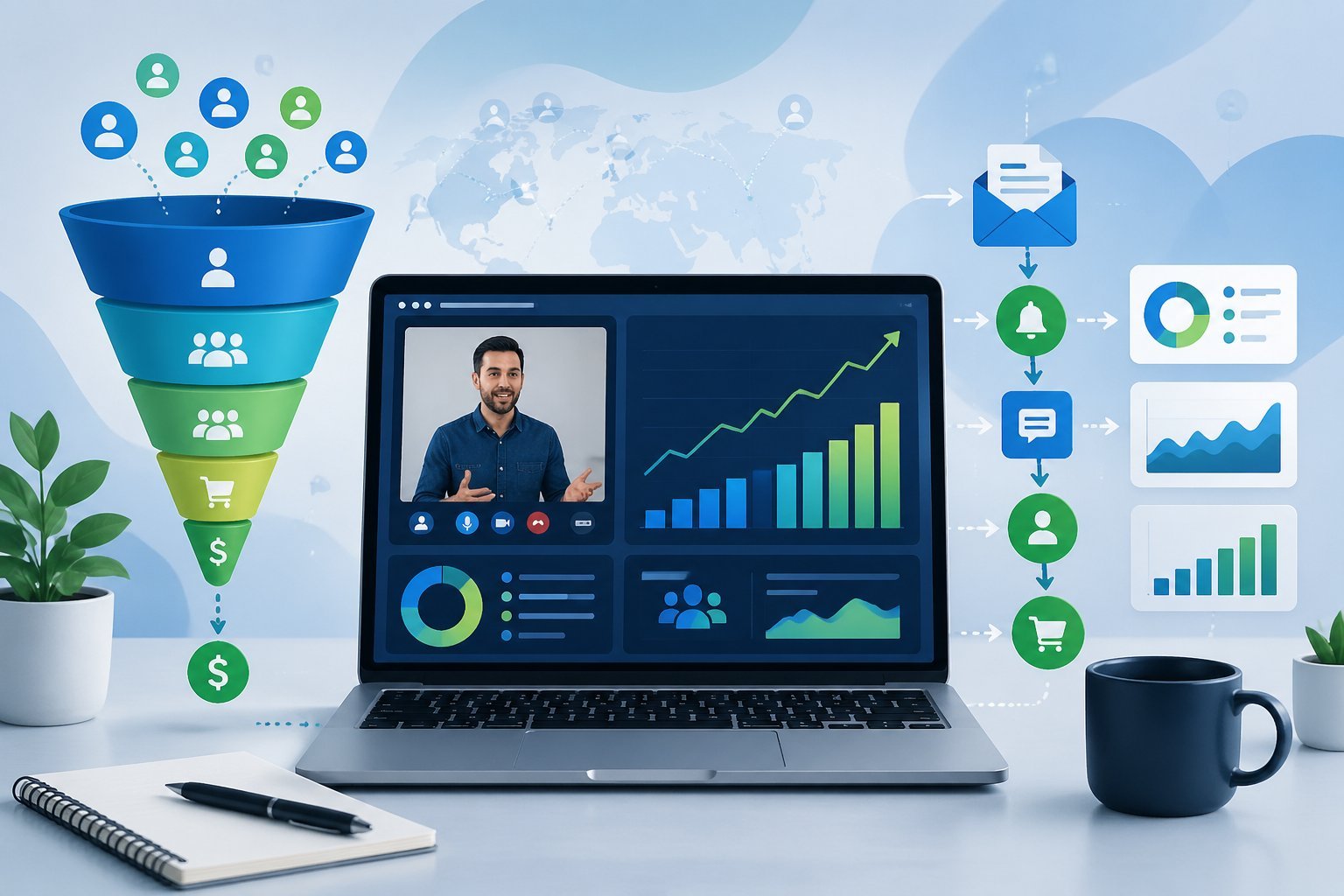 A digital workspace showing a laptop with webinar charts and icons representing a sales funnel and online marketing tools.