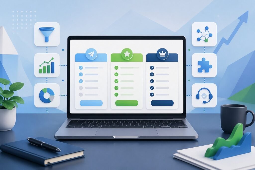 A modern workspace with a laptop showing charts and floating icons representing features of a marketing platform.