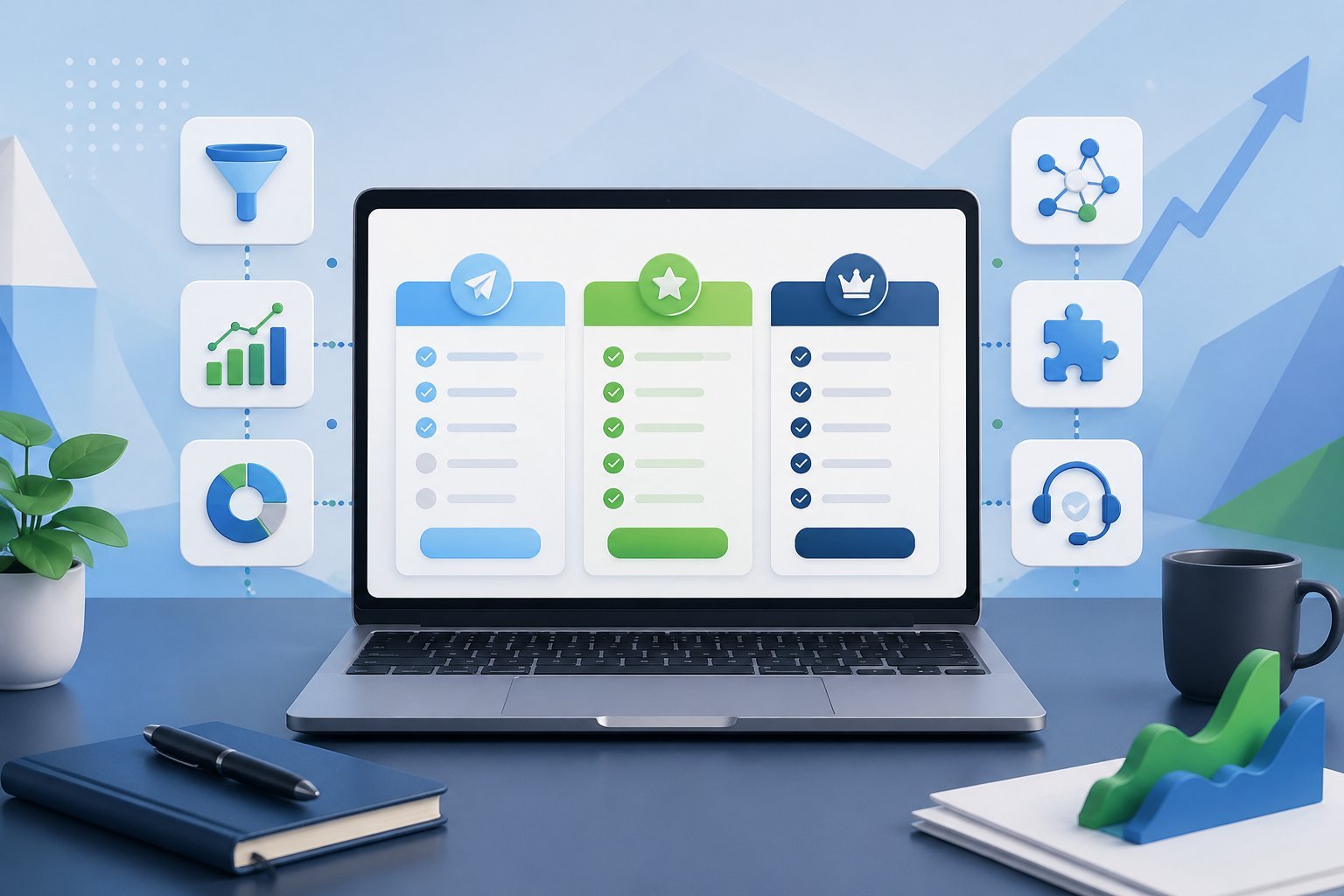 A modern workspace with a laptop showing charts and floating icons representing features of a marketing platform.