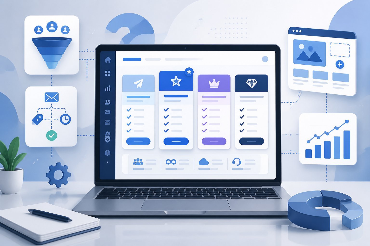 A digital workspace with a laptop showing pricing plans and icons representing marketing and website building features.