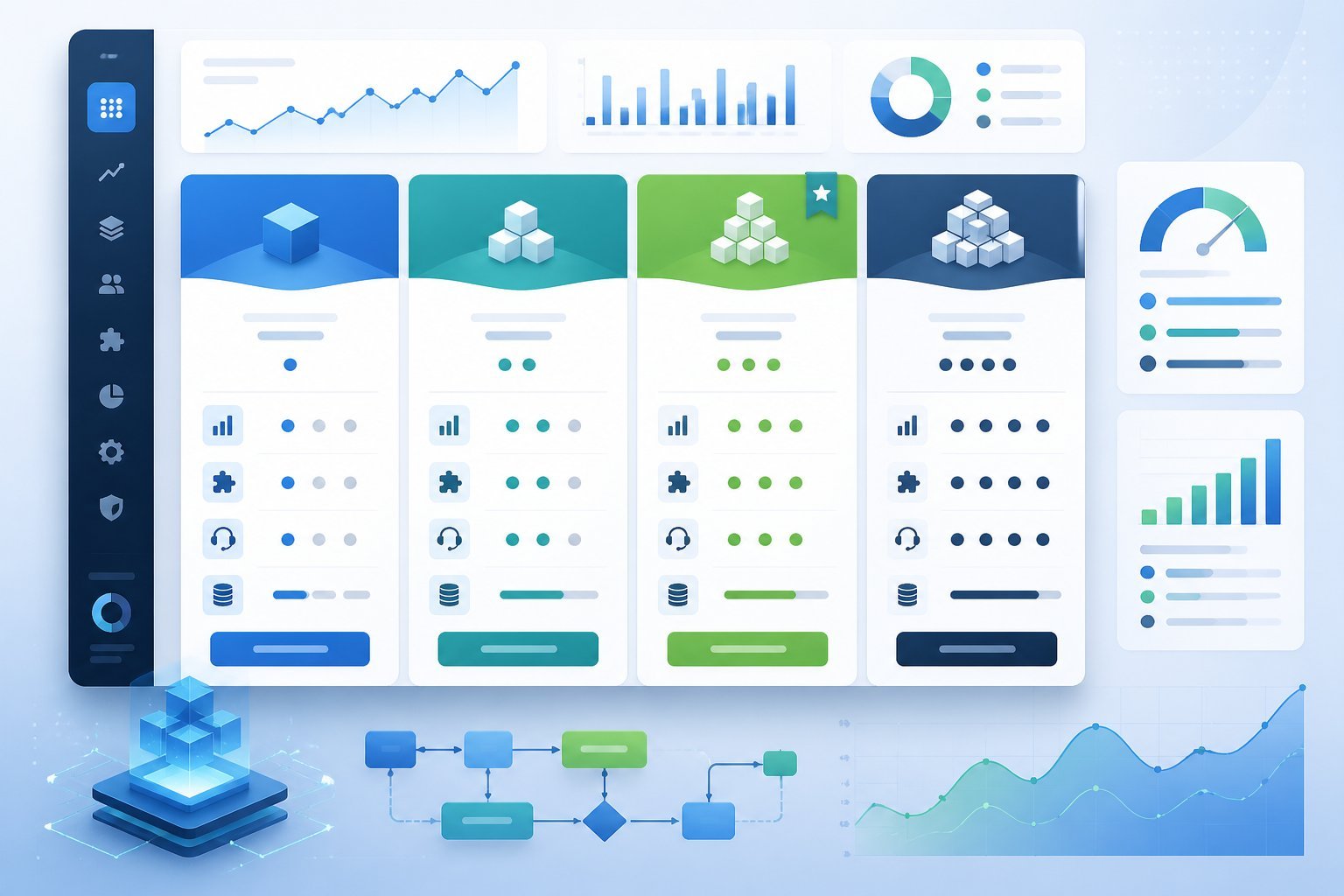 A detailed illustration of a pricing plan dashboard with multiple columns showing different subscription tiers and feature icons.