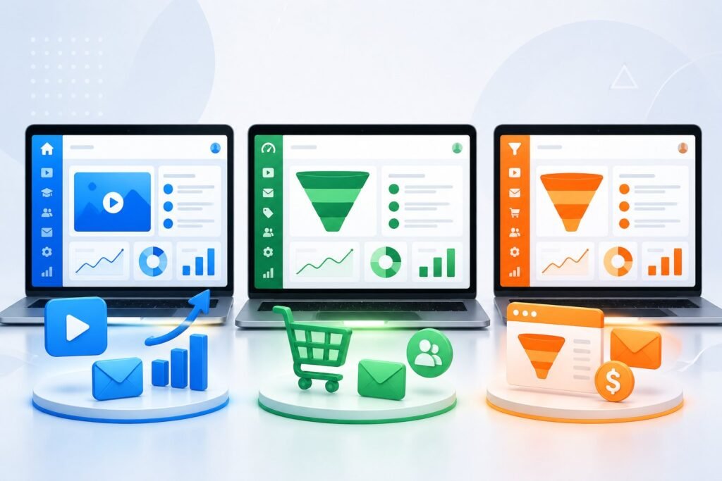 Three computer screens side by side showing different online marketing platform dashboards with icons representing sales, email, and video features.