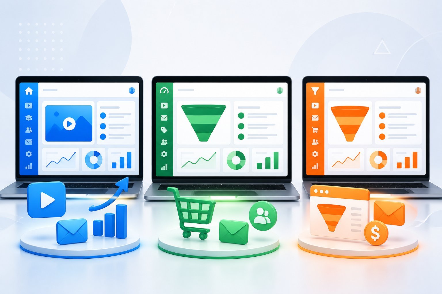Three computer screens side by side showing different online marketing platform dashboards with icons representing sales, email, and video features.