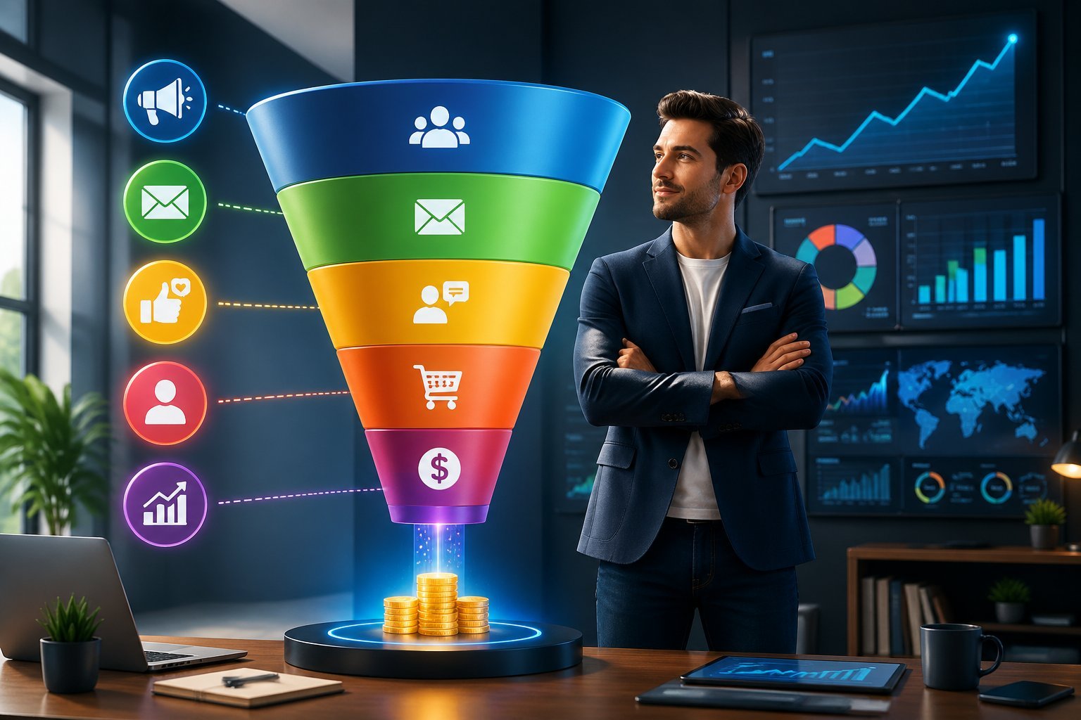 An entrepreneur standing beside a large sales funnel with icons representing marketing and sales in a modern office setting with charts and graphs.