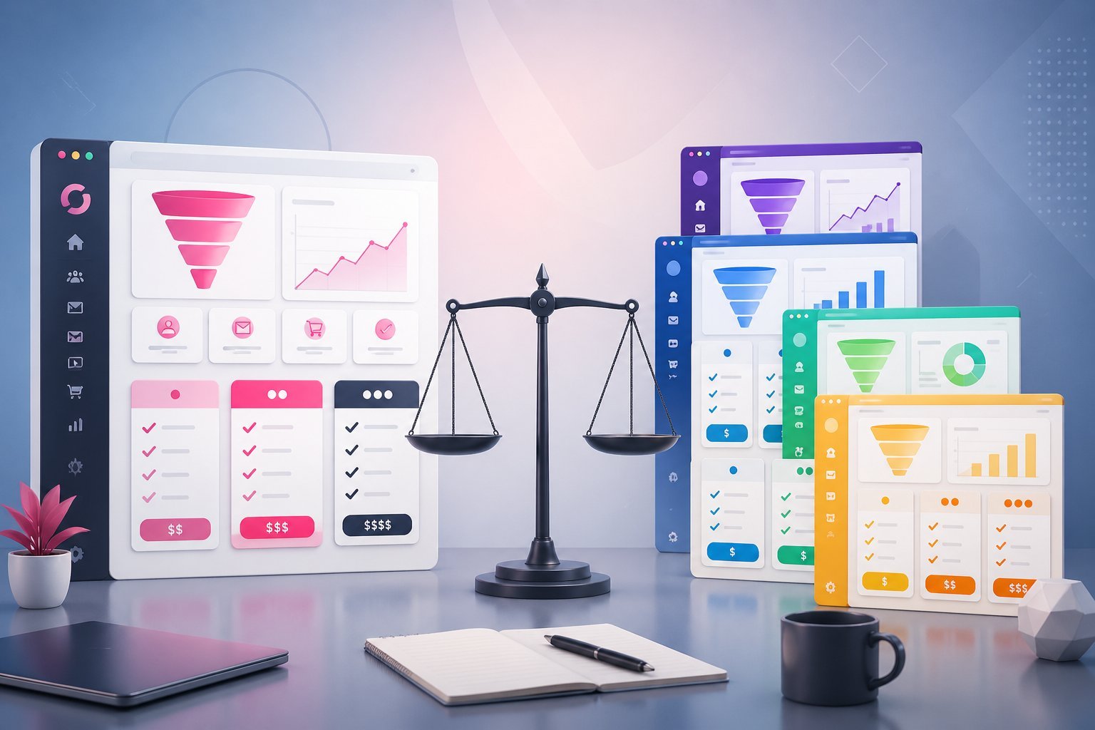 Illustration showing two groups of software interface panels side by side on a desk with icons representing pricing and features, connected by a balanced scale symbolizing comparison.