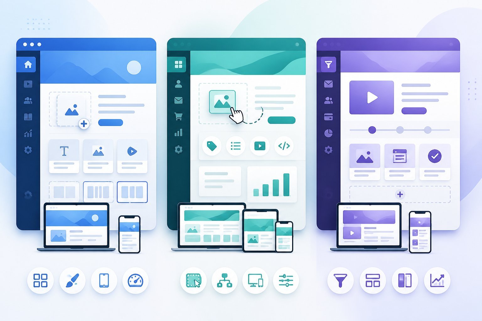 Three side-by-side digital interface panels representing different marketing platforms, highlighting user experience and design flexibility features.