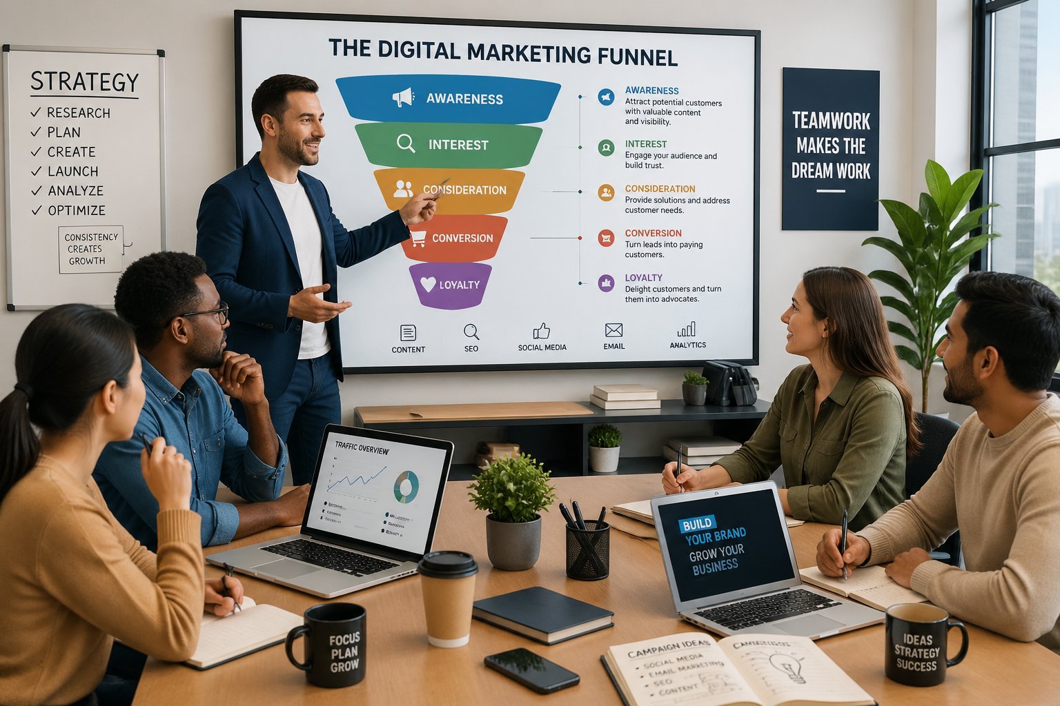 A business coach guiding a group of entrepreneurs through a digital marketing funnel in a modern office setting.