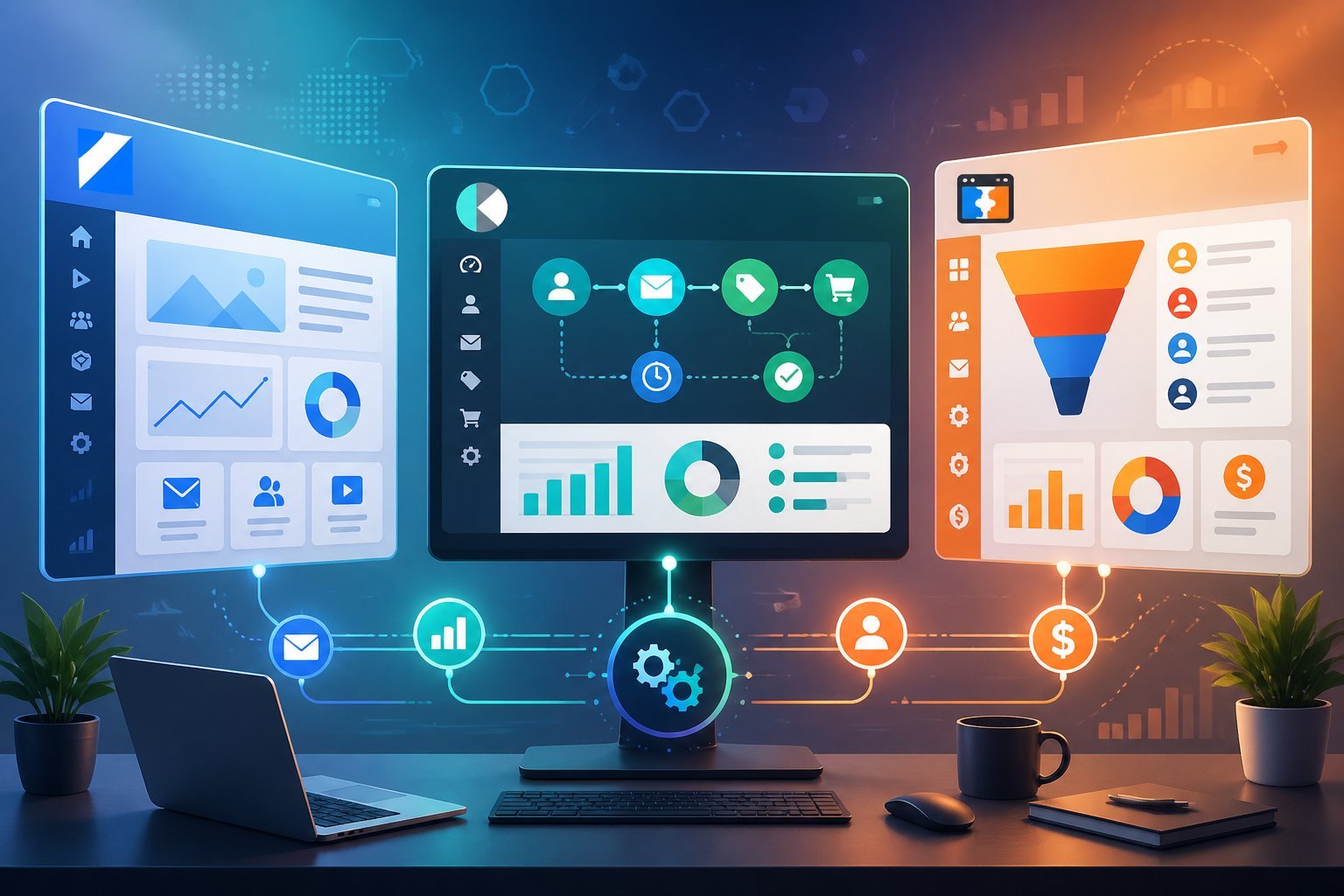 A workspace with three computer screens showing abstract interfaces representing marketing and automation tools.