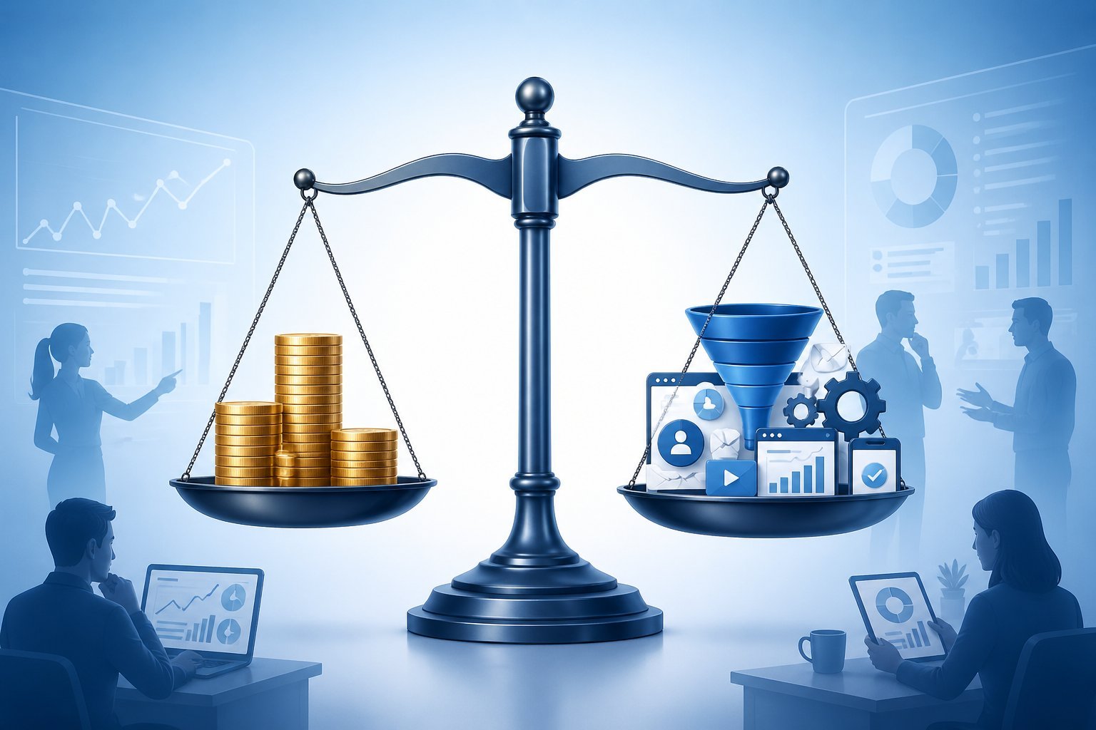A balanced scale with coins on one side and digital marketing icons on the other, surrounded by people analyzing data.