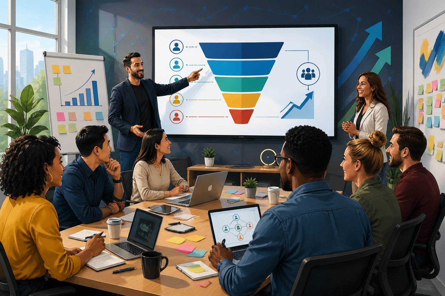 A group of people in a meeting room with a coach leading a session on business growth, showing teamwork and support around a table with a digital screen displaying a funnel diagram.