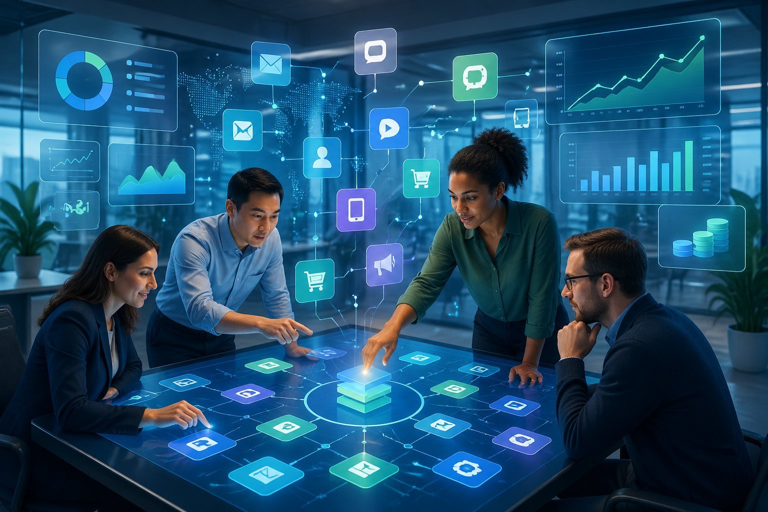 A group of professionals collaborating around a digital touchscreen table with floating app icons and a modern dashboard interface showing graphs and charts.