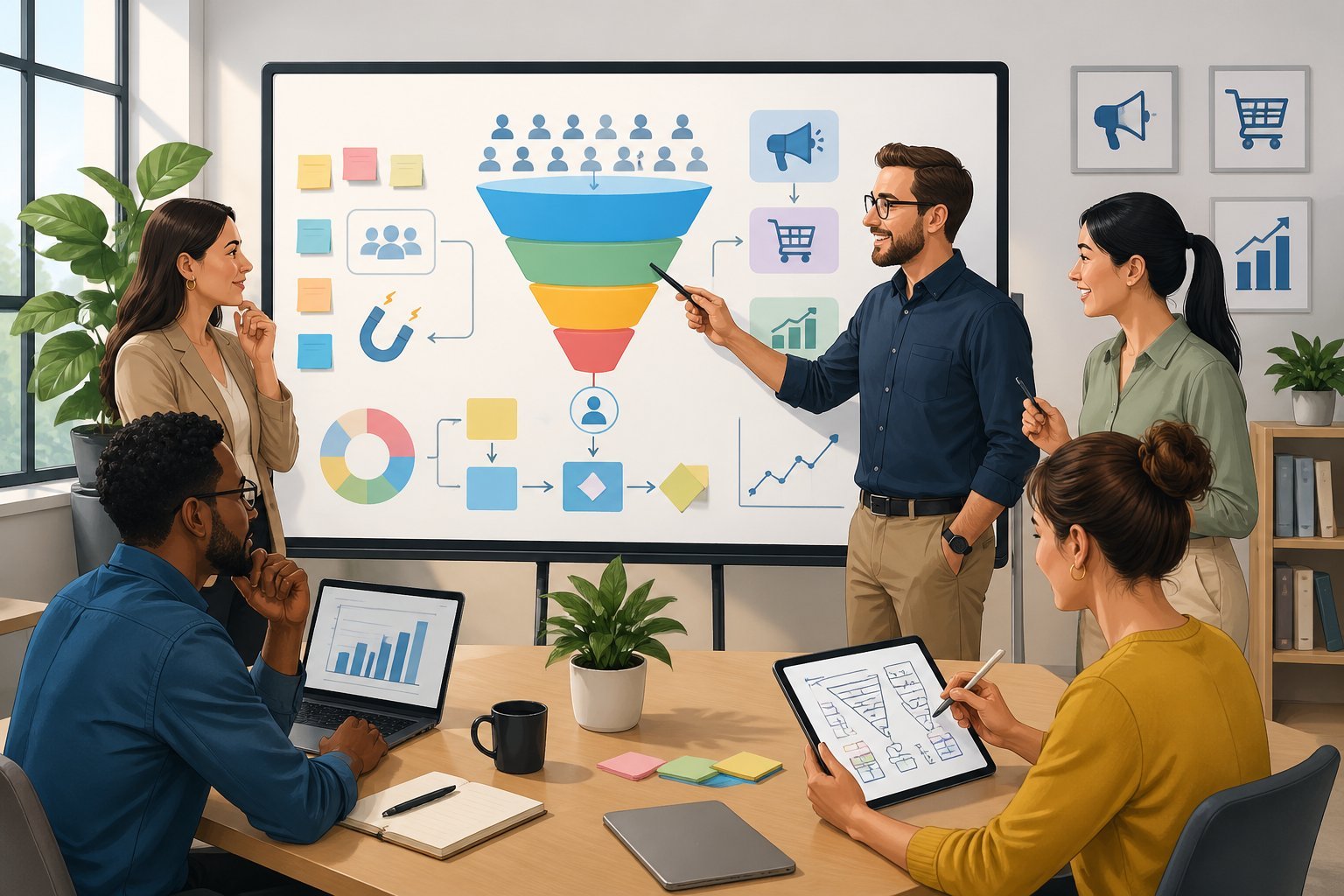 A group of business professionals collaborating around a digital whiteboard with sales funnel diagrams and flowcharts in a modern office setting.