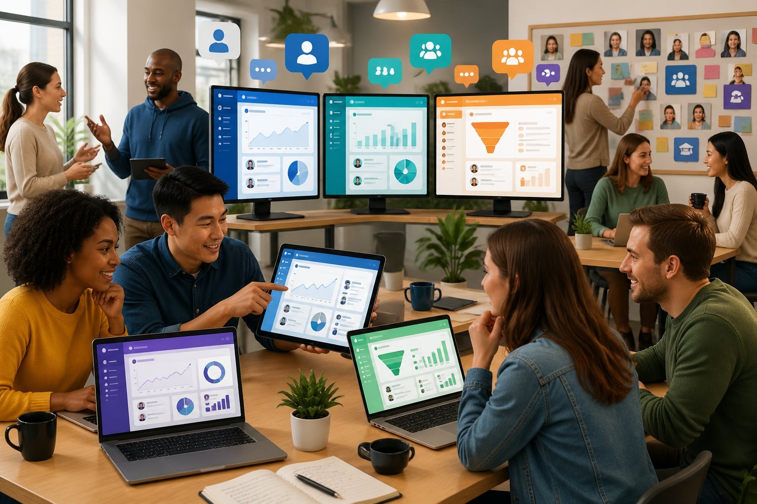 People collaborating in a modern workspace with digital screens showing different online platform interfaces, symbolizing membership and community engagement.