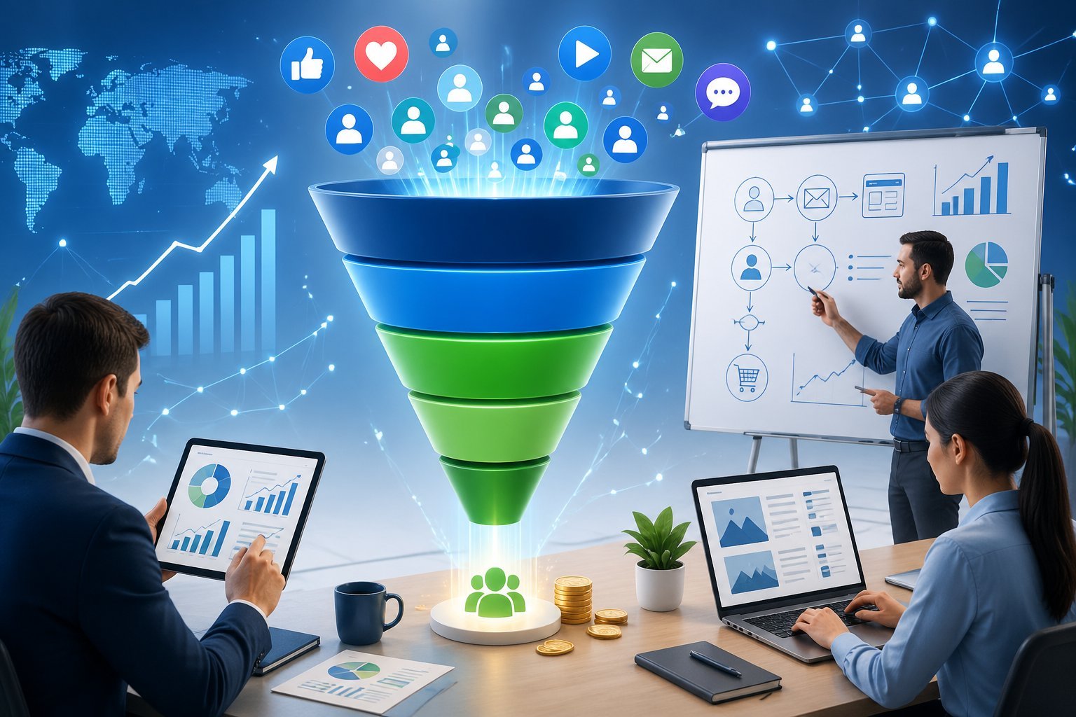 A group of business professionals working together around a large sales funnel, analyzing charts and planning marketing strategies with digital devices and a whiteboard.
