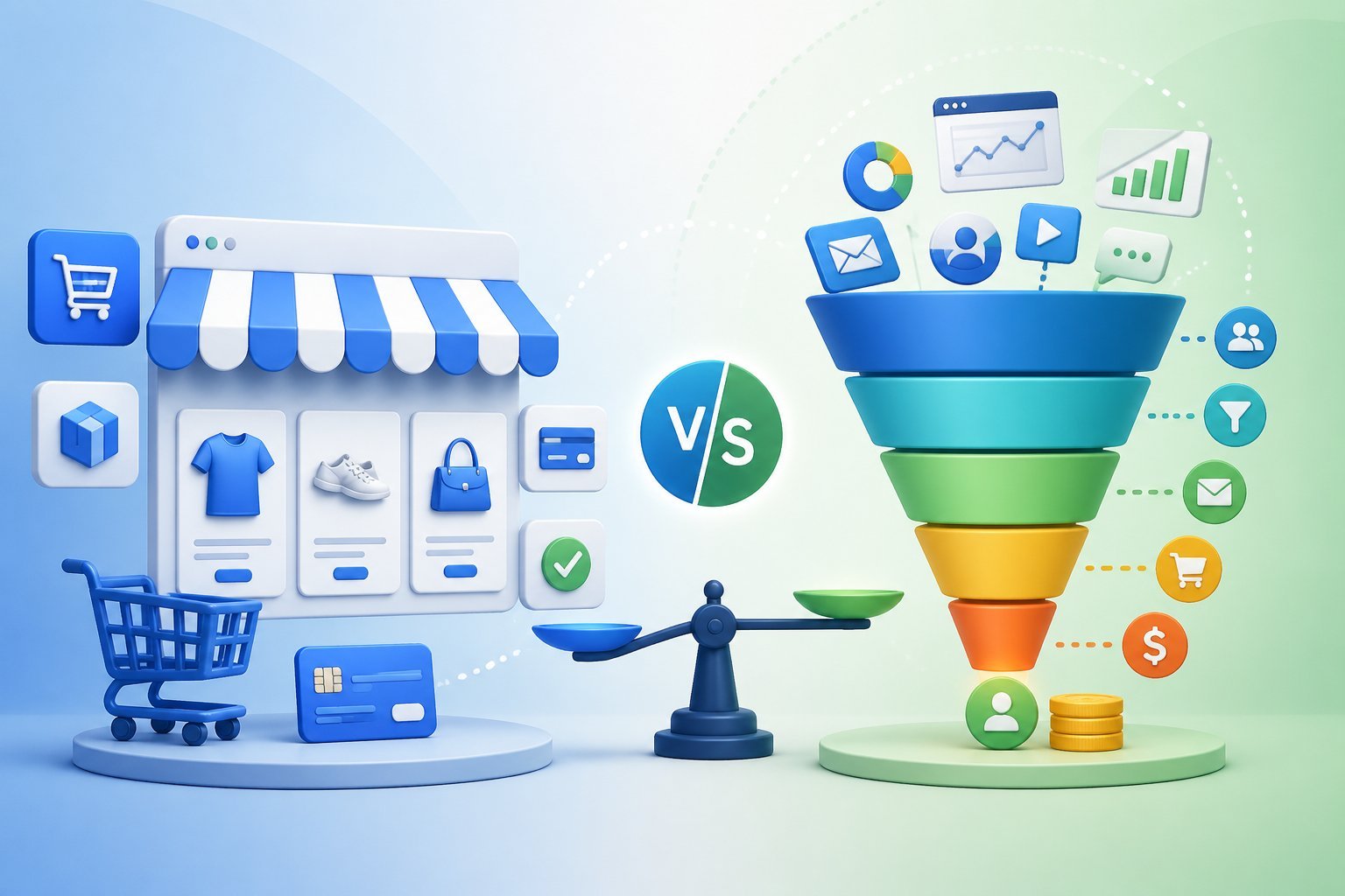 A split scene showing a digital storefront with shopping elements on one side and a marketing funnel with charts and emails on the other, representing a comparison between two online platforms.