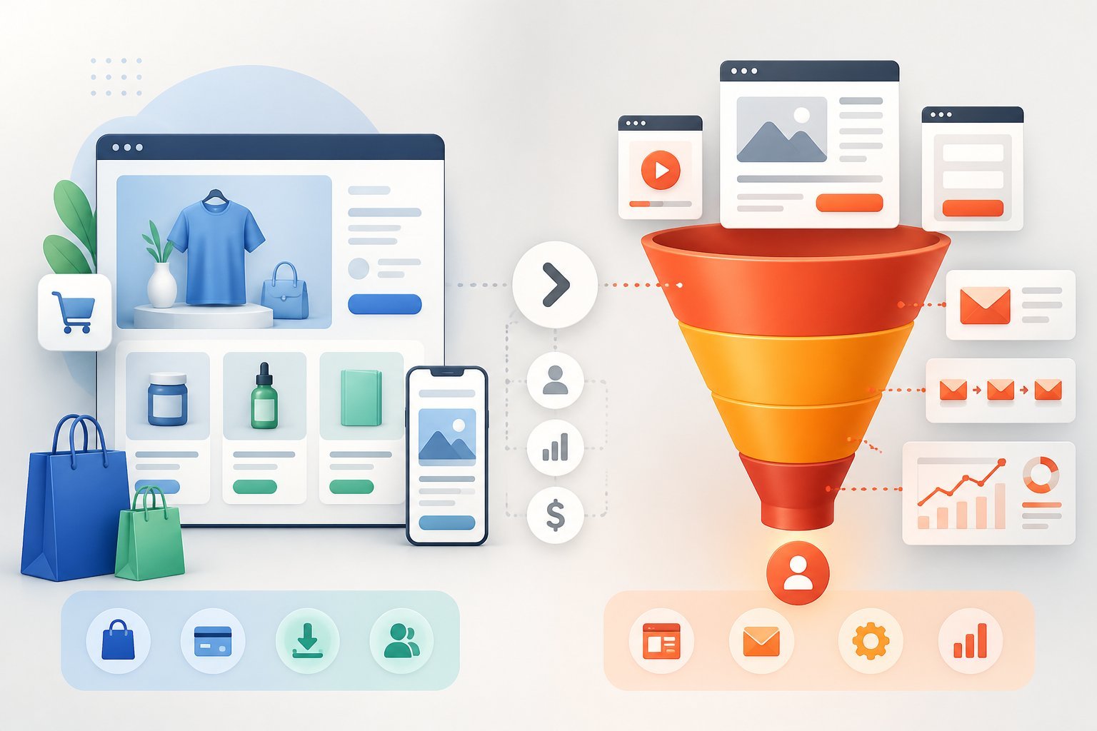 An illustration showing a comparison between an e-commerce storefront with shopping elements on the left and a multi-stage sales funnel with landing pages on the right.