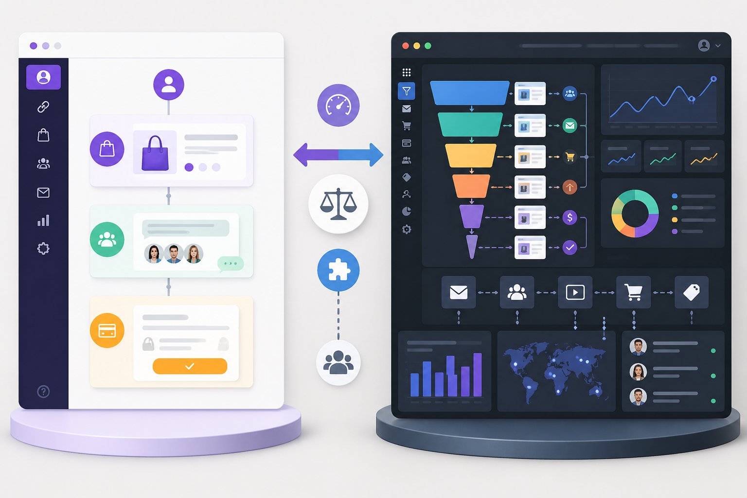 Two side-by-side digital workspaces showing different sales funnel building platforms with funnel stages and analytics.