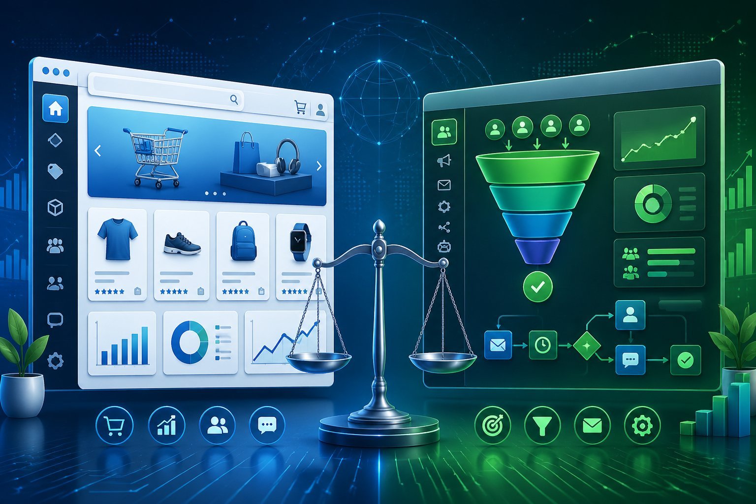 Two side-by-side digital workspaces showing a product storefront and a sales funnel dashboard with a balanced scale between them.