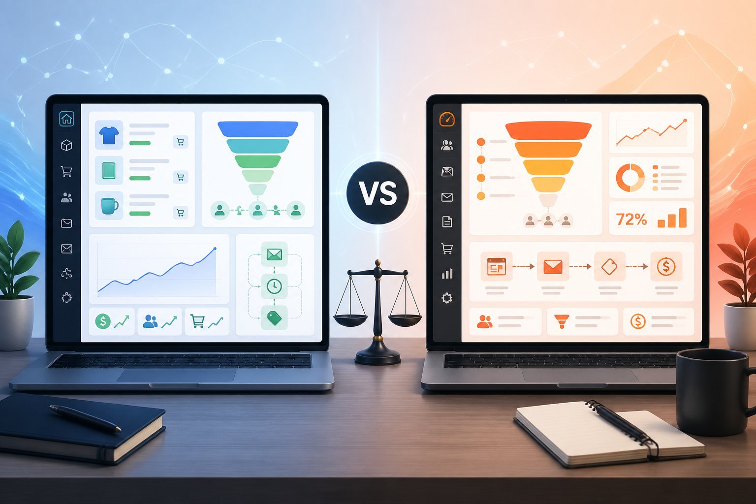 Two computer screens side by side showing colorful marketing dashboards and automation icons, symbolizing a comparison between two marketing platforms.