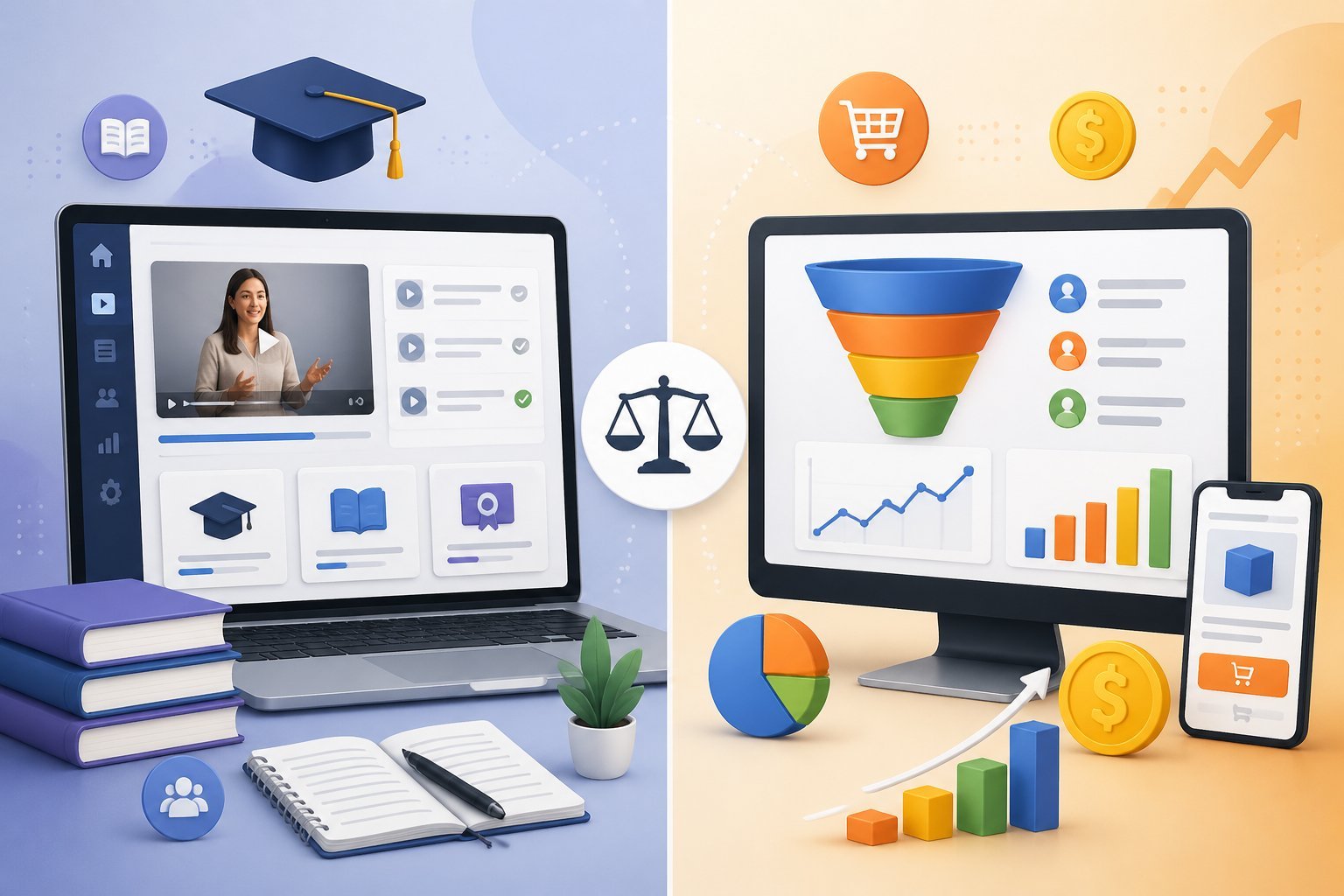 A side-by-side illustration comparing online course features with marketing funnel elements, showing icons of education and sales tools.