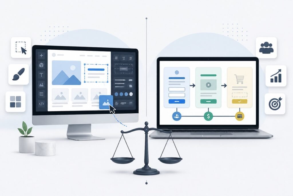 A professional illustration showing a computer with website design tools on one side and a laptop displaying a sales funnel diagram on the other, highlighting a comparison between two digital marketing platforms.