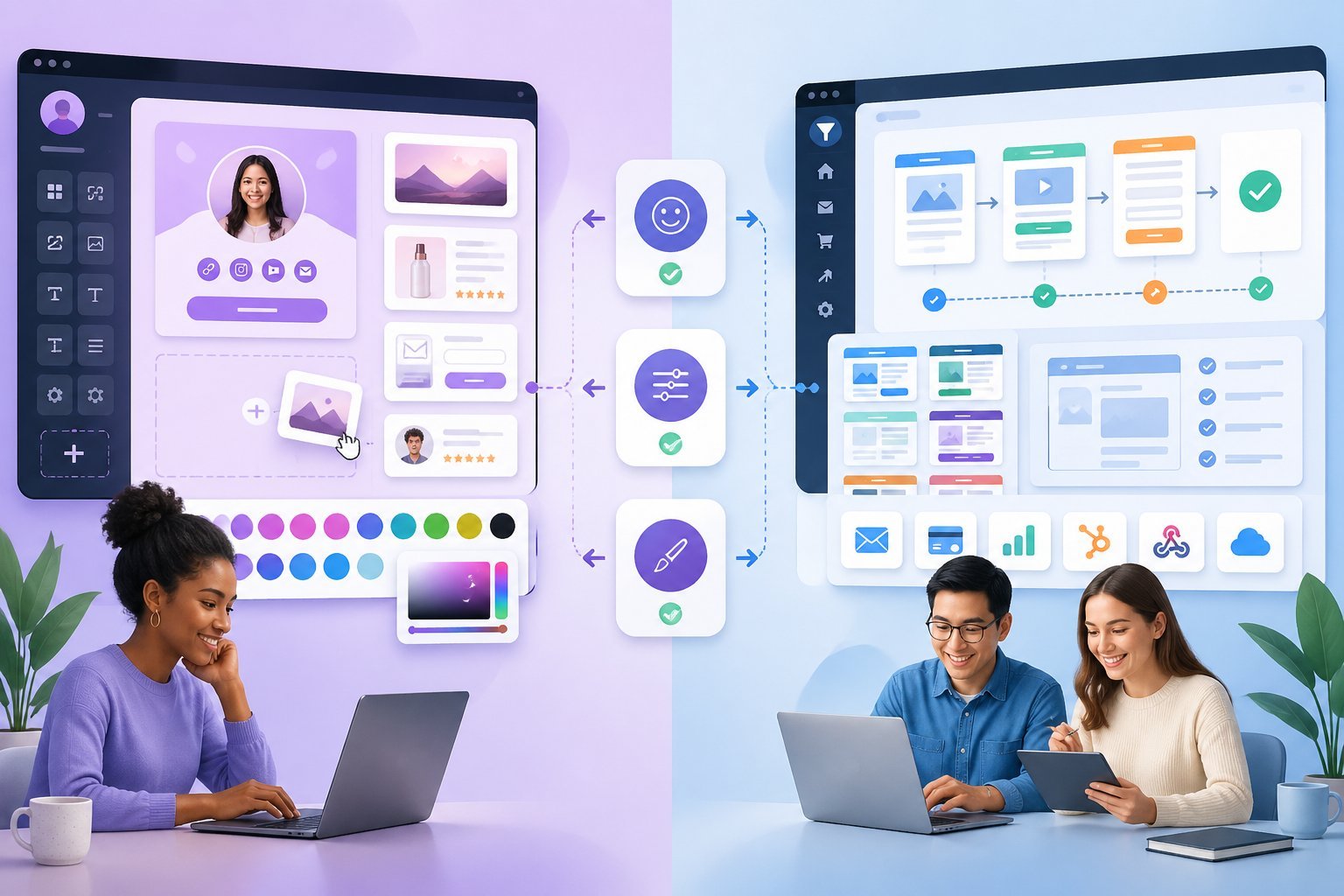 Two people using laptops side by side, each interacting with different online sales platform interfaces showing customization and user-friendly features.