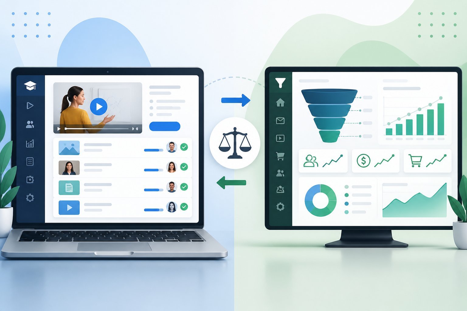 A digital illustration showing two side-by-side screens comparing an online course creation platform and a sales funnel platform with icons representing course modules and marketing analytics.
