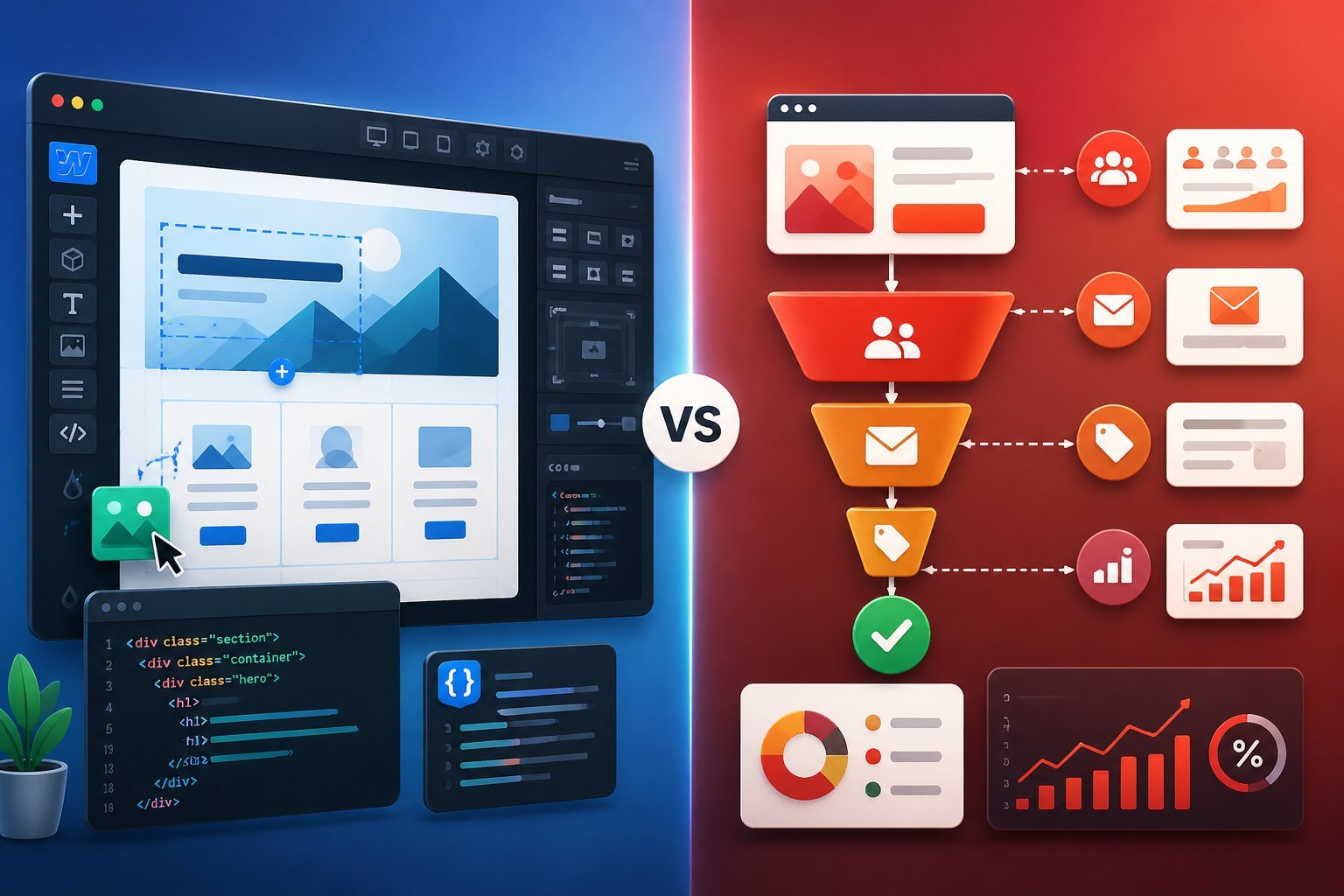 An illustration showing two contrasting digital platforms: one side displays a website design interface with layout grids and code elements, the other side shows a sales funnel with landing pages and marketing icons.
