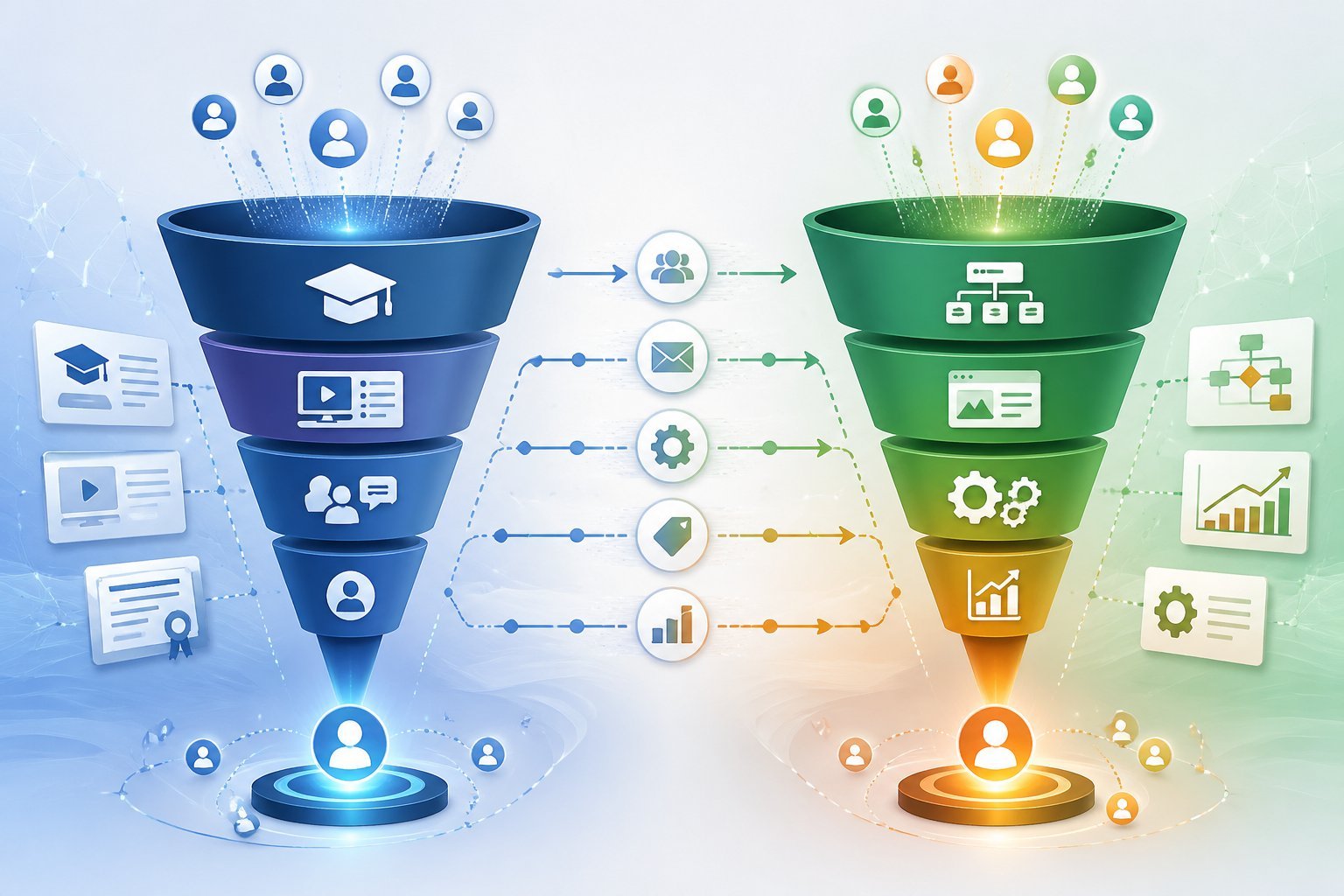 Two side-by-side sales funnels with digital elements representing course creation and marketing automation, connected by arrows showing lead flow and automation processes.