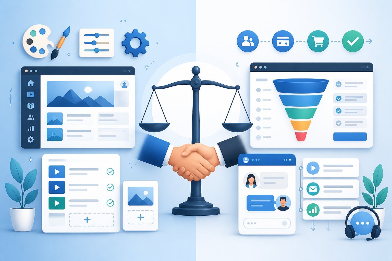 A split scene showing two software platforms side by side with icons representing customization tools on one side and sales funnels with support chat bubbles on the other, connected by a balanced scale in the center.
