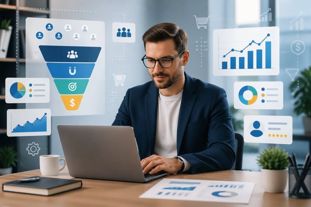 A business expert working on a laptop surrounded by digital marketing and sales funnel icons.