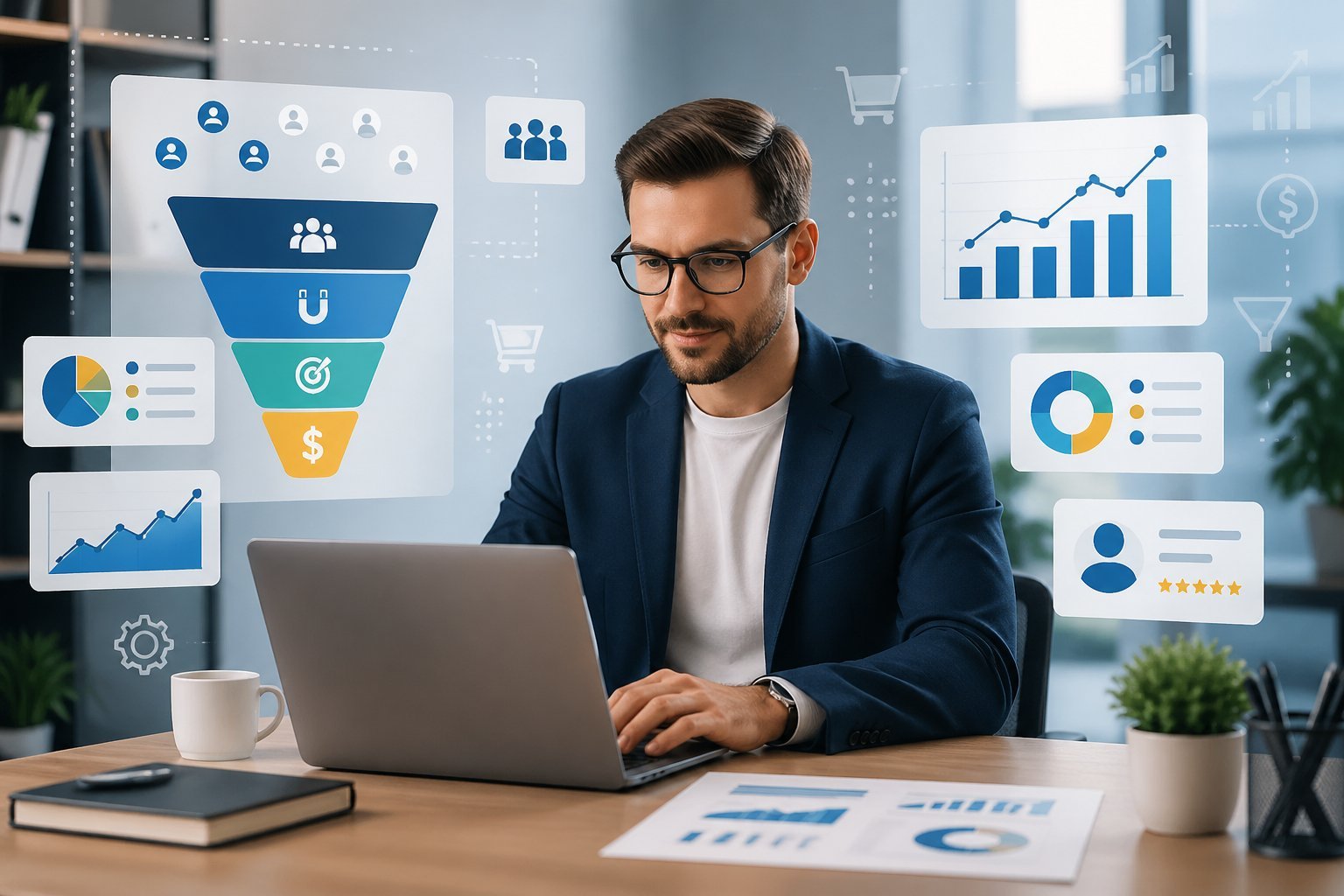 A business expert working on a laptop surrounded by digital marketing and sales funnel icons.