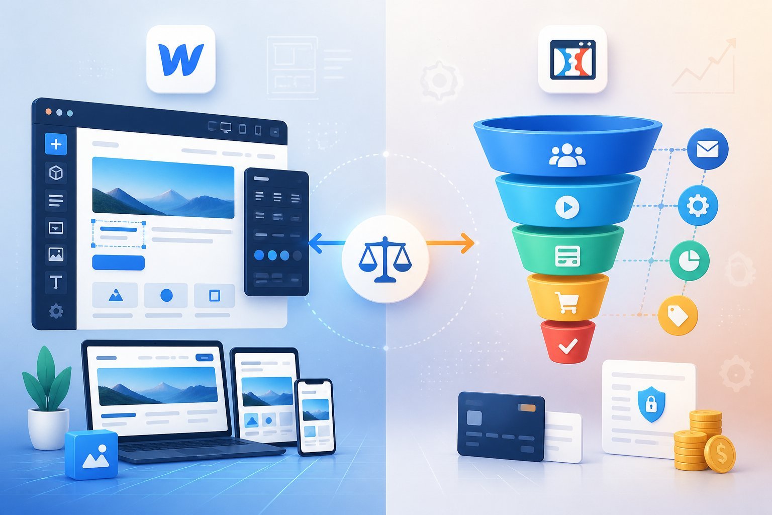 A digital illustration showing two sides comparing ecommerce platforms, with website design elements on one side and sales funnel graphics on the other, connected by subtle visual cues.