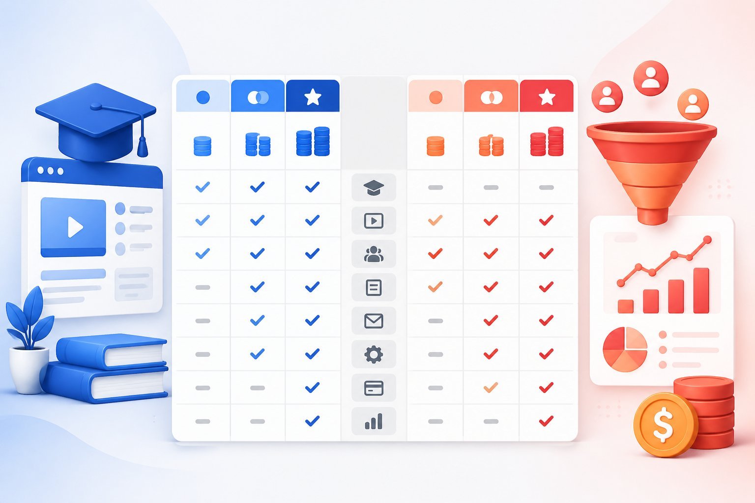 Side-by-side comparison of two abstract icons representing different online platforms with graphical elements showing pricing and feature differences.