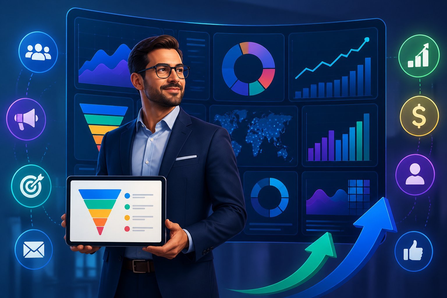 A business expert standing in front of a digital dashboard displaying charts and sales funnel diagrams.