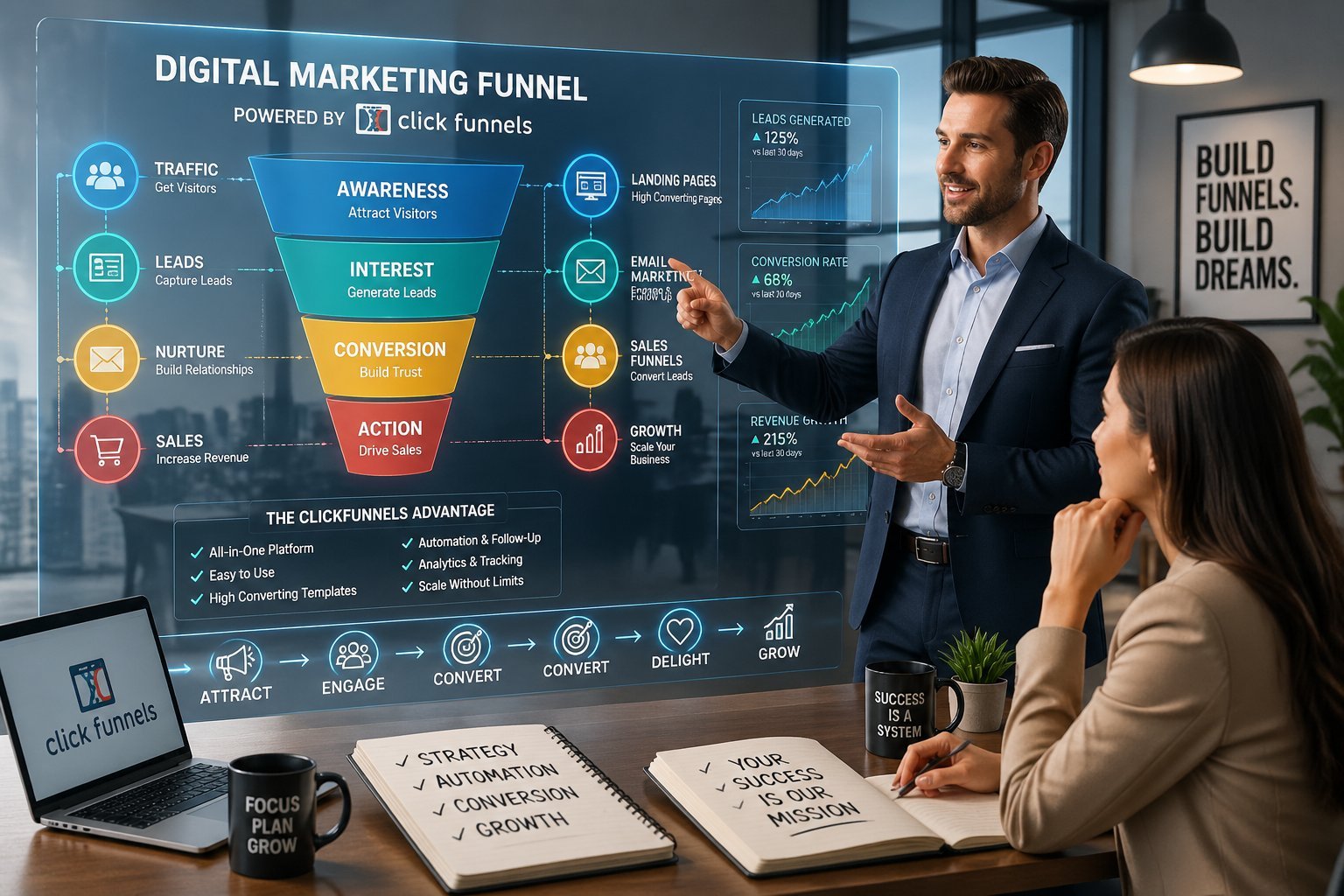 A business expert explaining a digital marketing funnel to a client in a modern office setting with charts and diagrams visible.