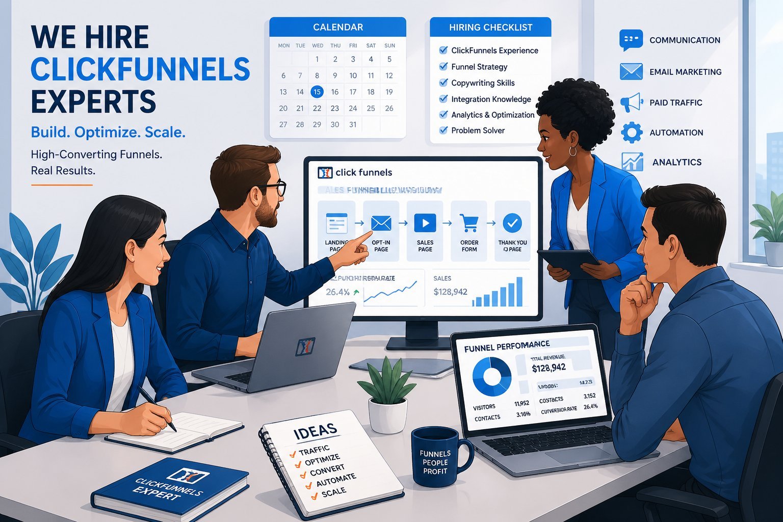 A group of professionals collaborating around a desk with computer screens showing sales funnel diagrams and charts.