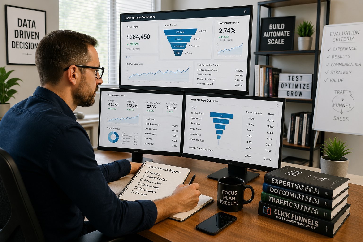 A businessperson reviewing digital marketing data and sales funnels on computer screens in an office.